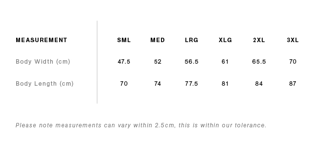 Size chart for men's relaxed fit tank top showing body width and length measurements in centimeters.